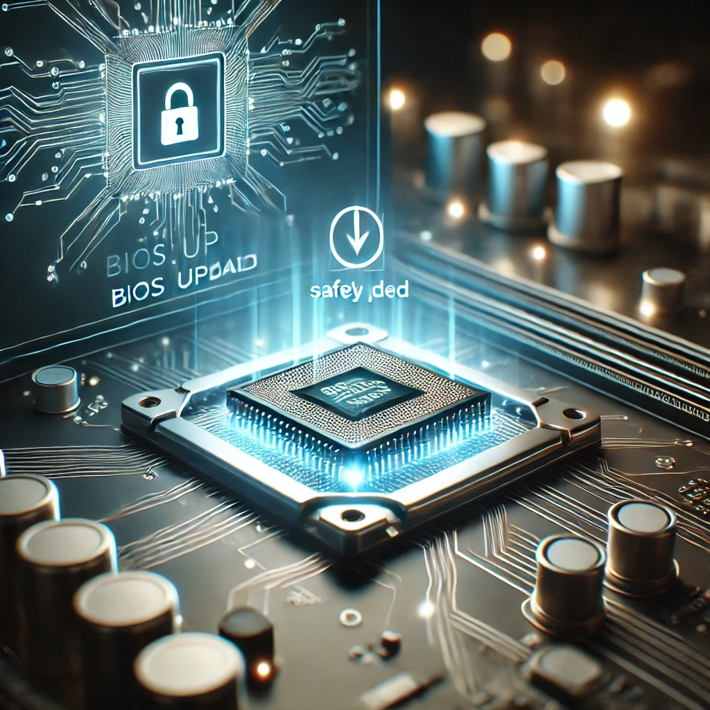 DALL·E 2024-12-30 16.34.41 – A sleek and modern image of a computer motherboard with a glowing BIOS chip being safely updated. The scene is illuminated with soft blue and white li