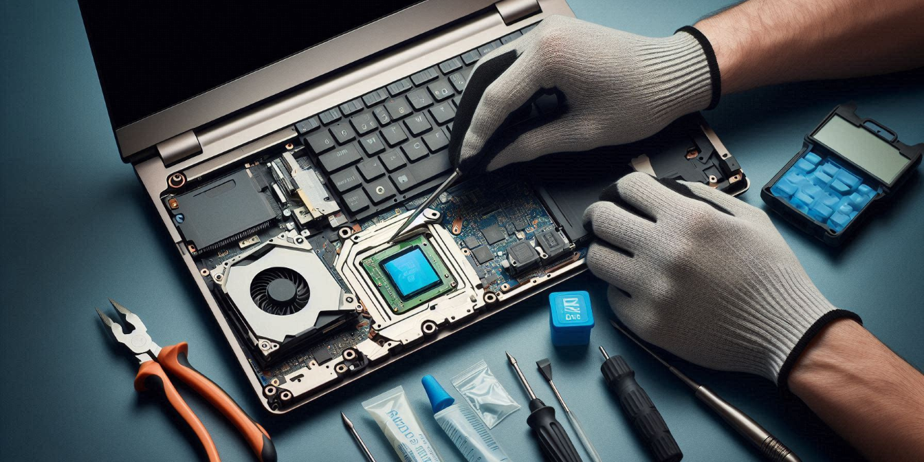 Hands in gloves repairing a disassembled laptop with various tools and components arranged on a blue surface.