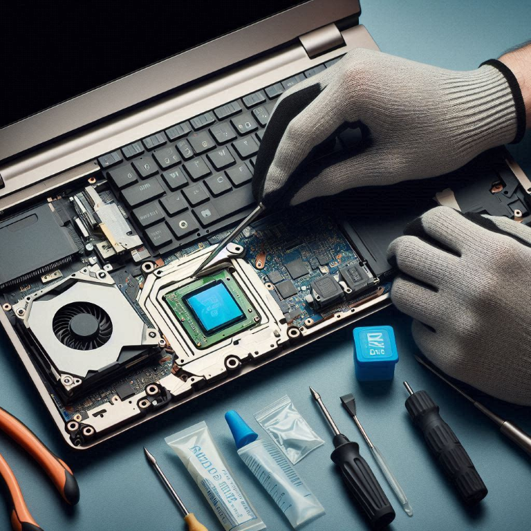 Hands in gloves repairing a disassembled laptop with various tools and components arranged on a blue surface.