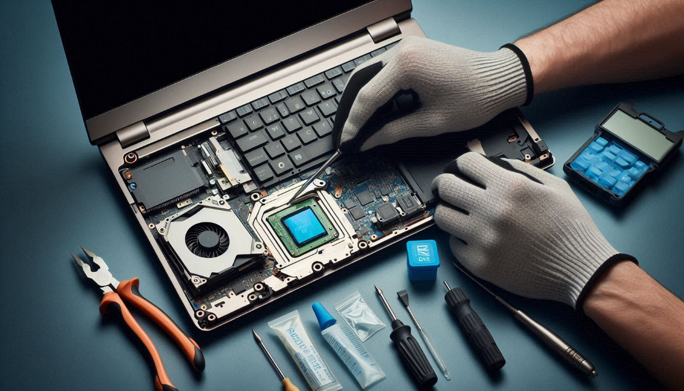 Hands in gloves repairing a disassembled laptop with various tools and components arranged on a blue surface.