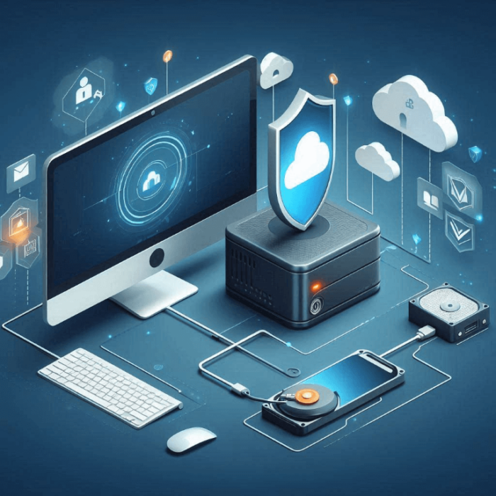 Illustration of a computer setup with cloud computing and data storage elements. A shield icon and various tech symbols represent cybersecurity and digital connectivity.