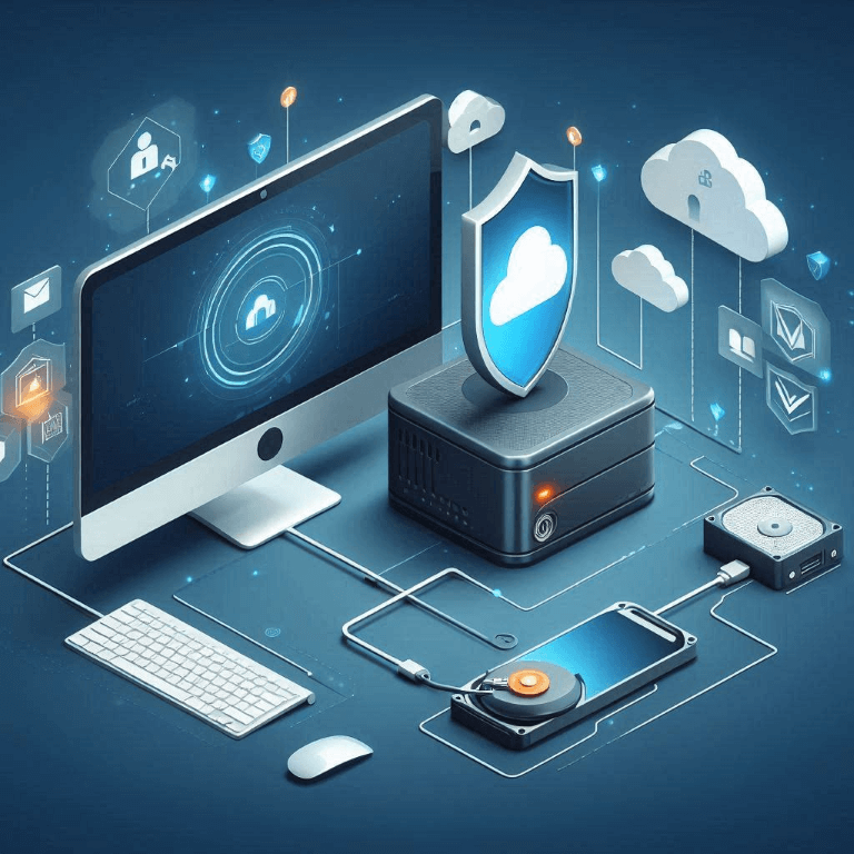 Illustration of a computer setup with cloud computing and data storage elements. A shield icon and various tech symbols represent cybersecurity and digital connectivity.