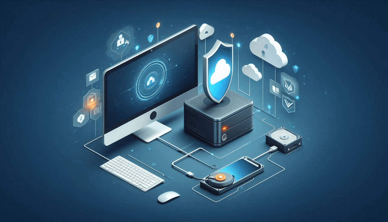 Illustration of a computer setup with cloud computing and data storage elements. A shield icon and various tech symbols represent cybersecurity and digital connectivity.