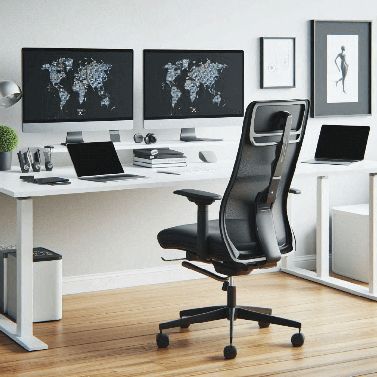A modern home office setup with two monitors on a white desk, an ergonomic chair, a laptop, and various accessories, including plants and framed art on the wall.