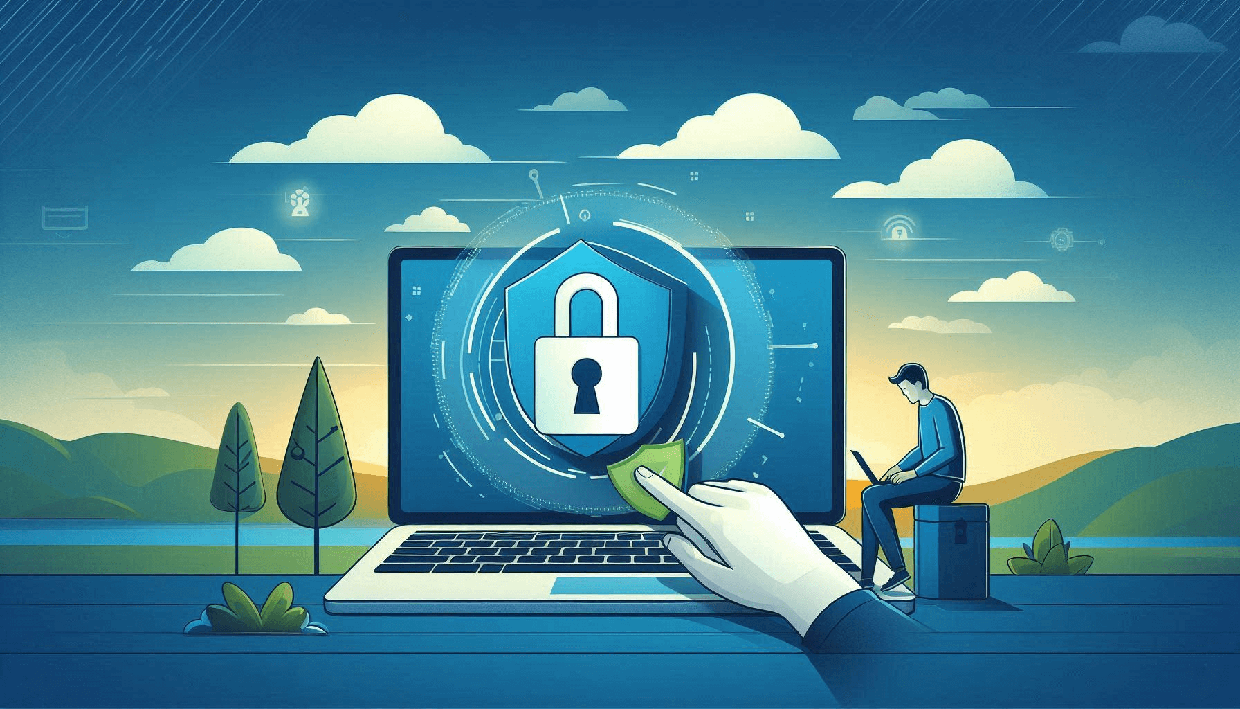 Illustration of a person using a laptop with a large lock icon on the screen, symbolizing cybersecurity. A hand holds a keycard towards the lock, with a landscape and clouds in the background.