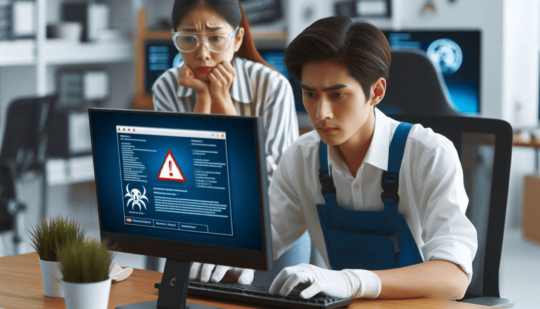 Two people look at a computer screen displaying a malware warning. The person in front is seated, typing with gloved hands, while the person behind stands with a concerned expression.