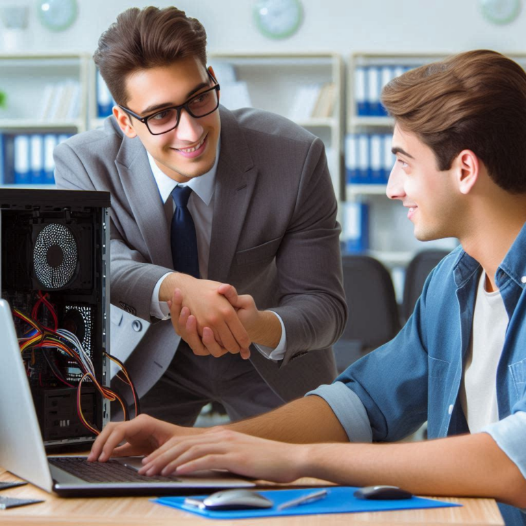 Two people in an office setting, one in a suit and the other in casual attire, shaking hands near a computer setup with visible cables.