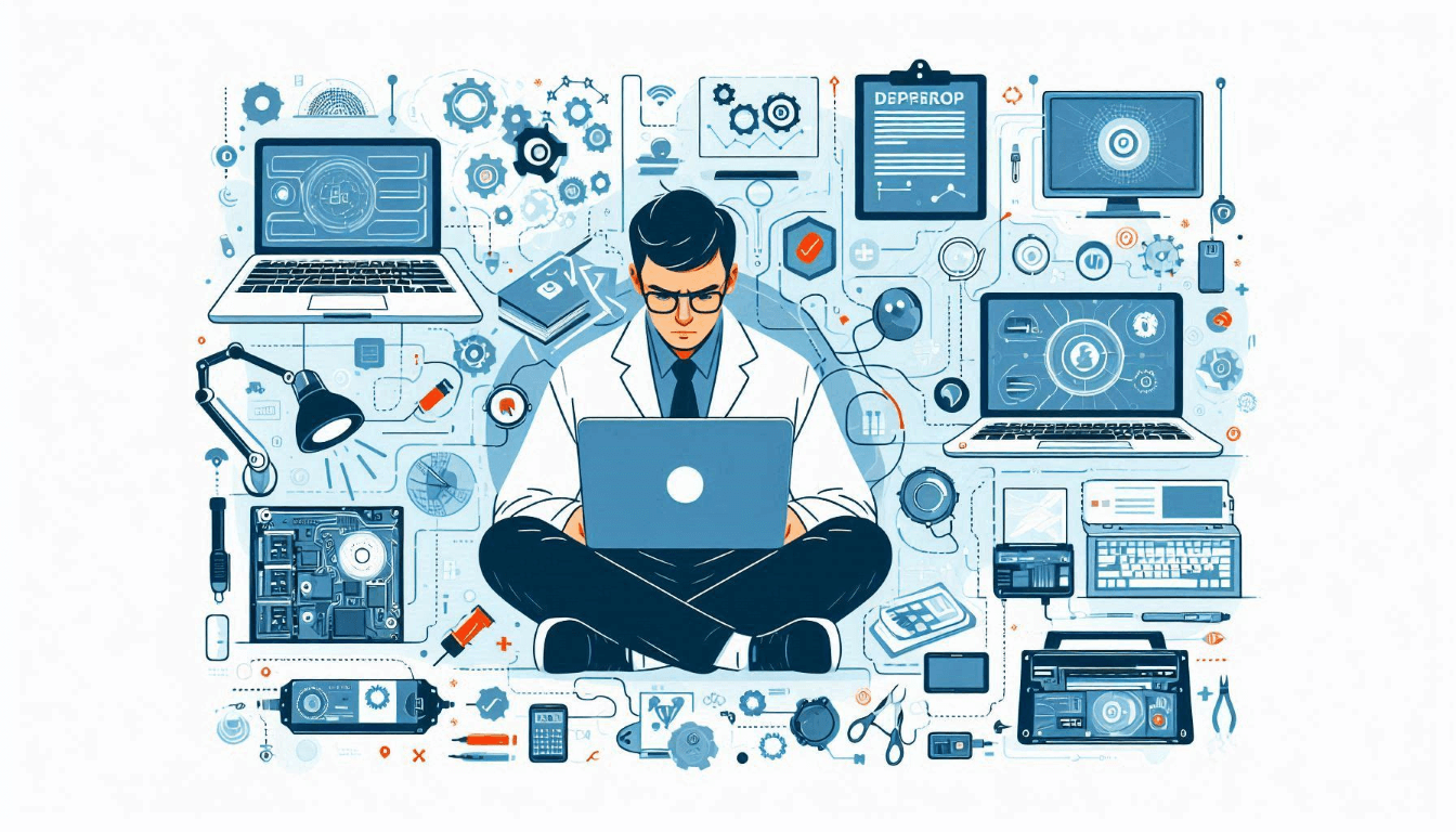 A person in a lab coat works on a laptop surrounded by various technological devices, gears, and files, indicating a focus on research and technology.