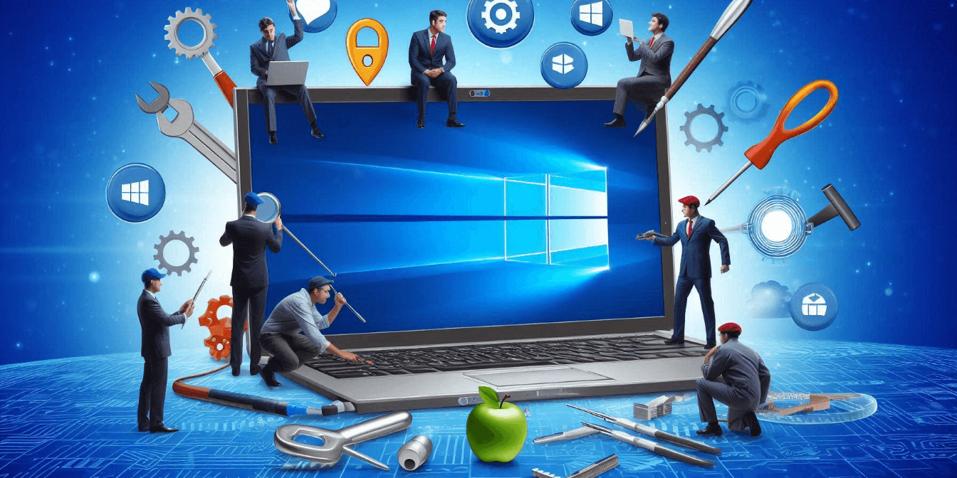Illustration of tiny people in business suits fixing and maintaining a giant laptop surrounded by various tool icons and gears, depicting computer maintenance and repair. Illustration of tiny people in business suits fixing and maintaining a giant laptop surrounded by various tool icons and gears, depicting computer maintenance and repair.