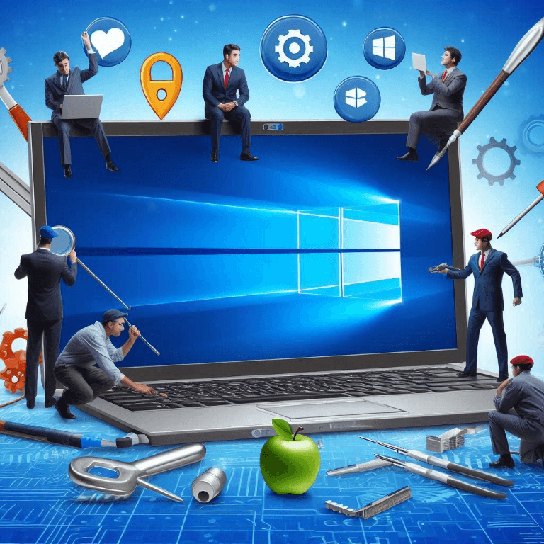 Illustration of tiny people in business suits fixing and maintaining a giant laptop surrounded by various tool icons and gears, depicting computer maintenance and repair.