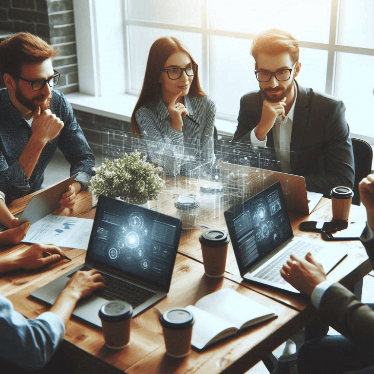 A group of six people sitting around a wooden table, engaged in a discussion, with laptops and coffee cups in front of them. A whiteboard and large windows are visible in the background.