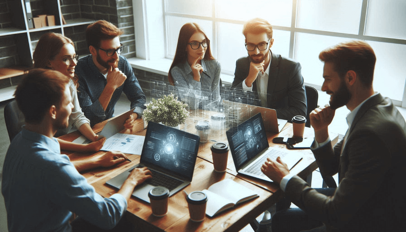 A group of six people sitting around a wooden table, engaged in a discussion, with laptops and coffee cups in front of them. A whiteboard and large windows are visible in the background.