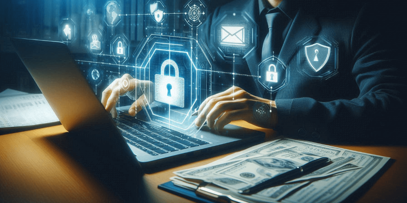 Person typing on a laptop with floating security icons around, accompanied by cash, a smartphone, and a pen on the desk, indicating a focus on cybersecurity and secure financial transactions.
