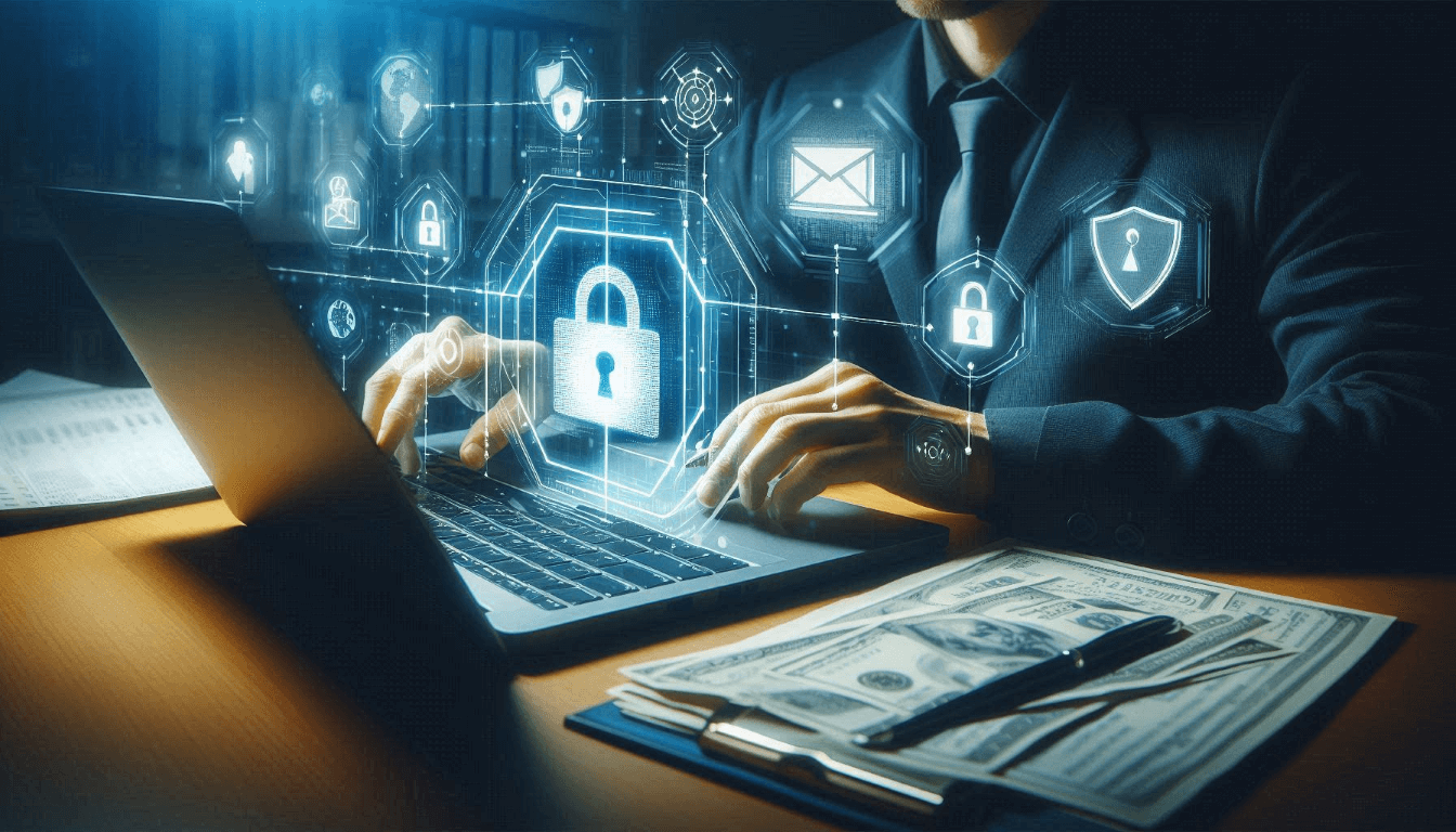 Person typing on a laptop with floating security icons around, accompanied by cash, a smartphone, and a pen on the desk, indicating a focus on cybersecurity and secure financial transactions.
