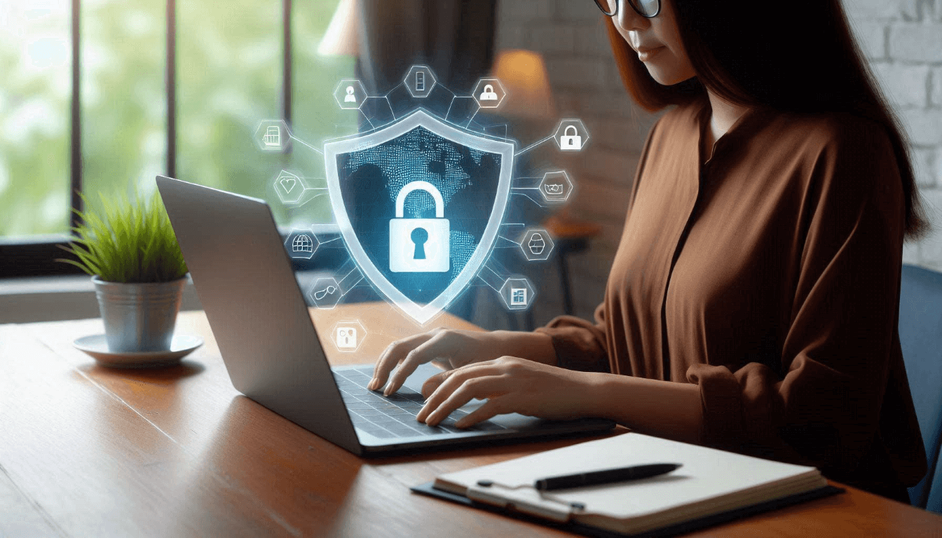 A person works on a laptop at a desk with a notebook and plant. A digital shield with a padlock symbol appears, representing cybersecurity and data protection.