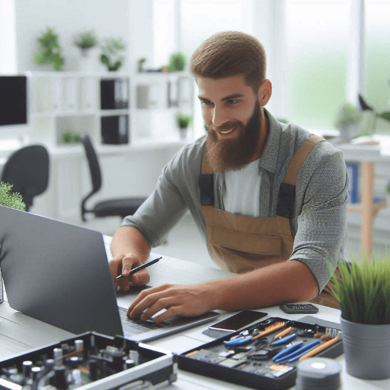 A man with a beard, wearing an apron, works on a laptop in a bright office. Various tools and electronic components are spread out on the desk in front of him.