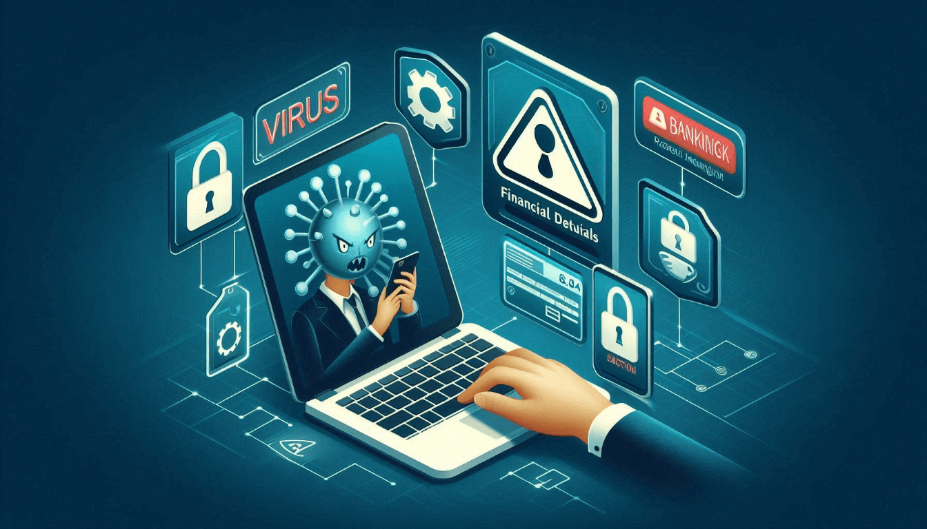 Illustration of a person using a laptop with icons of virus warnings, locks, and financial alerts surrounding it. A figure with a virus-like head is displayed on the laptop screen.