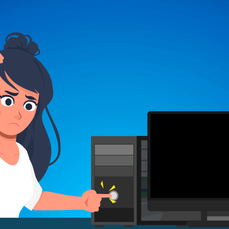 Illustration of a confused woman scratching her head while pressing the power button on a desktop computer with a blank screen.