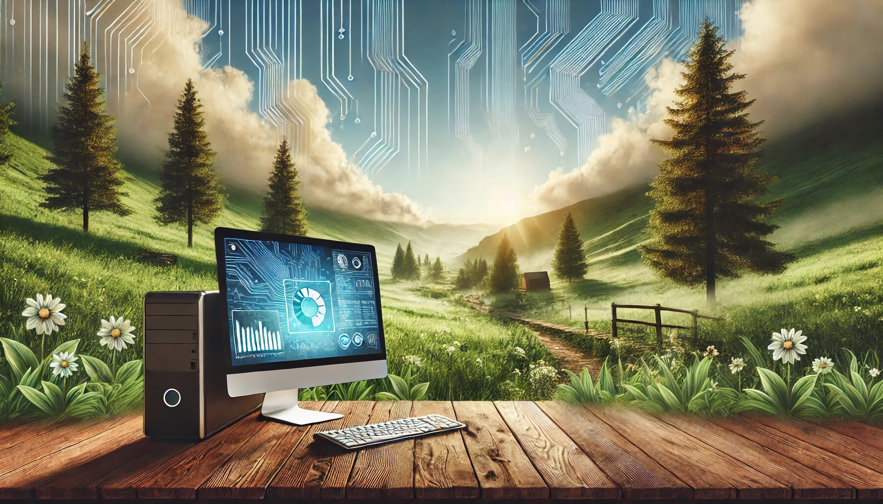 A computer sits on a wooden table in a scenic countryside landscape with green hills, trees, and a clear blue sky. Digital circuit patterns are overlayed in the sky, merging technology and nature.