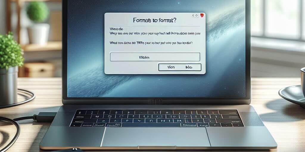 A laptop displaying a disk formatting prompt on the screen, with a connected external hard drive and a notebook on the desk.