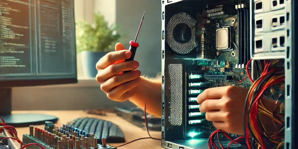 Person assembling a computer with tools on a desk, surrounded by a lit lamp and computer screens displaying code. Person assembling a computer with tools on a desk, surrounded by a lit lamp and computer screens displaying code.