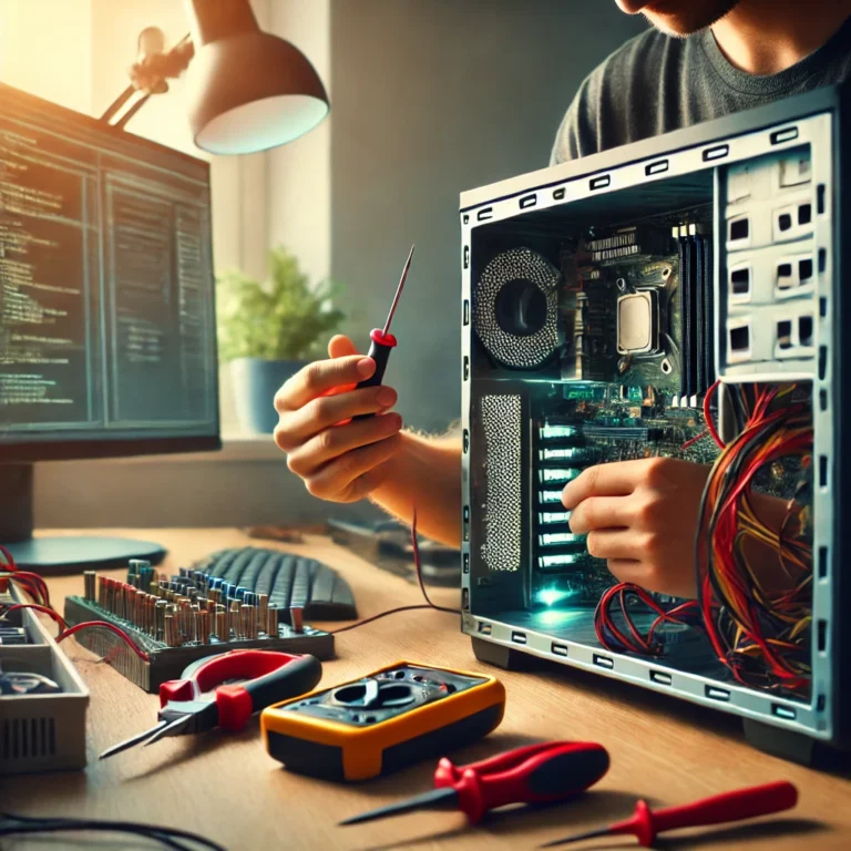 Person assembling a computer with tools on a desk, surrounded by a lit lamp and computer screens displaying code.
