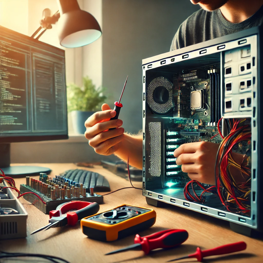 Person assembling a computer with tools on a desk, surrounded by a lit lamp and computer screens displaying code.