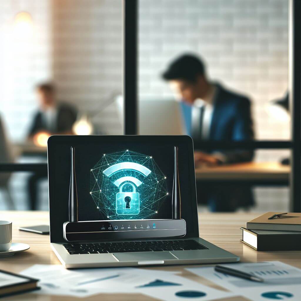 A laptop on a desk displays a security icon over a Wi-Fi symbol. Two people work in the background.