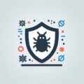 Shield icon with a bug symbol surrounded by abstract virus and security elements, representing cybersecurity or antivirus protection, perfect for showcasing Malware Protection Perth services.