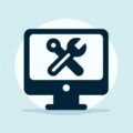 Icon of a computer monitor displaying a wrench and screwdriver crossed, symbolizing technical support and computer repairs.