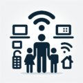 Illustration of a person with two children surrounded by technology icons, such as a smartphone, laptop, tablet, smart home, Wi-Fi signal, and padlock. This scene highlights digital connectivity and Smart Home IT Solutions Perth that optimize your remote learning setup.