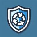 Shield with a circular arrows symbol on a blue background, representing security and the seamless process of data recovery. Perfect for those seeking efficient hard drive recovery or ransomware data recovery services in Perth.
