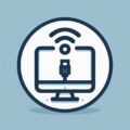 Icon of a computer monitor with a network cable and Wi-Fi symbol, representing internet connection and cloud backup setup, on a light blue background.