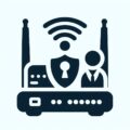 Icon of a router with a person and a shield symbolizing security and connectivity, featuring Wi-Fi signal waves and antennas—perfect for illustrating Home IT Support Perth services.