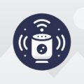 Icon of a smart speaker with sound waves and a Wi-Fi symbol above, enclosed in a dark circle, representing seamless Smart Home IT Solutions Perth.