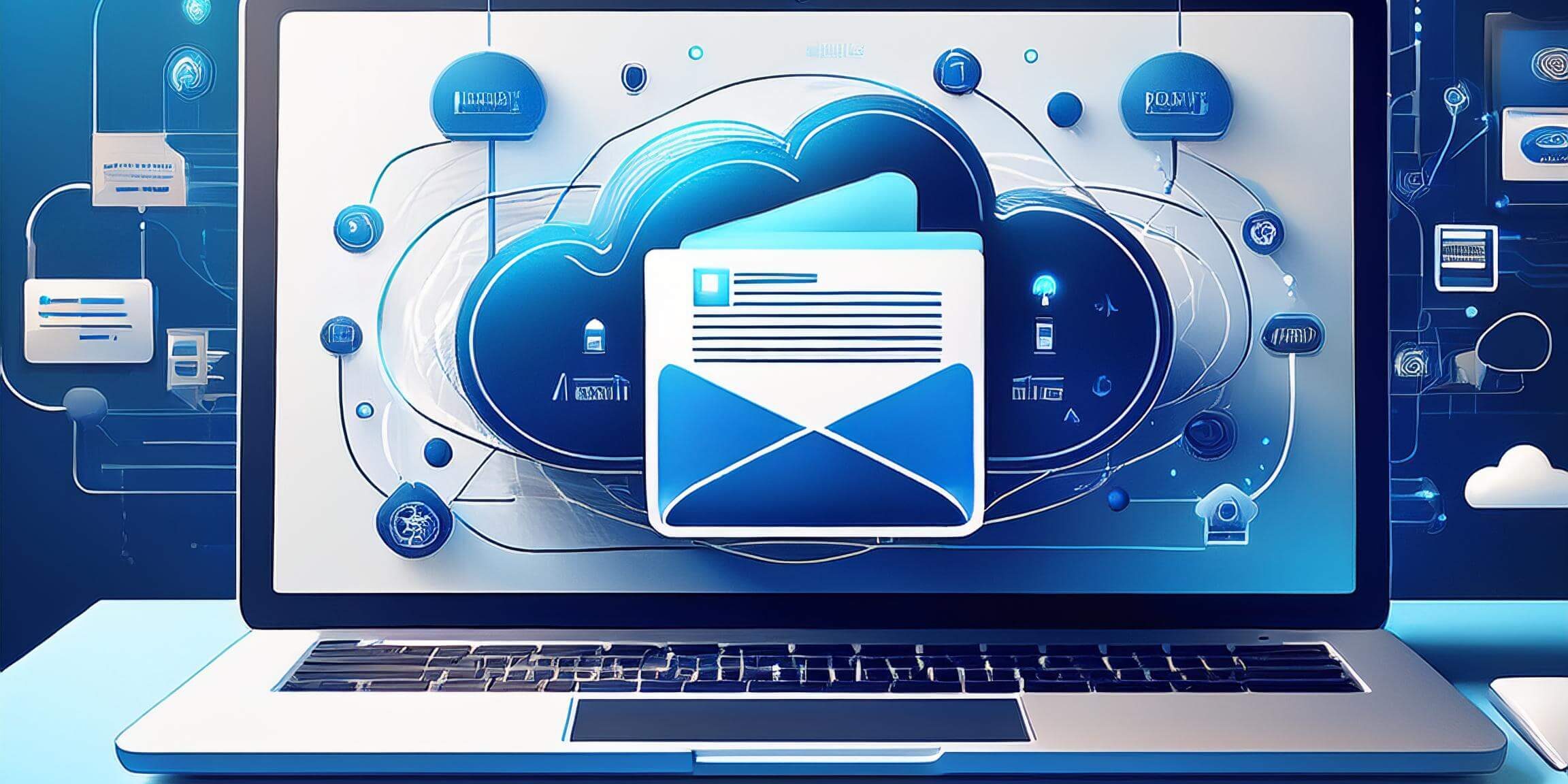 A laptop displaying cloud computing and email icons, surrounded by network symbols, representing digital communication and data exchange.