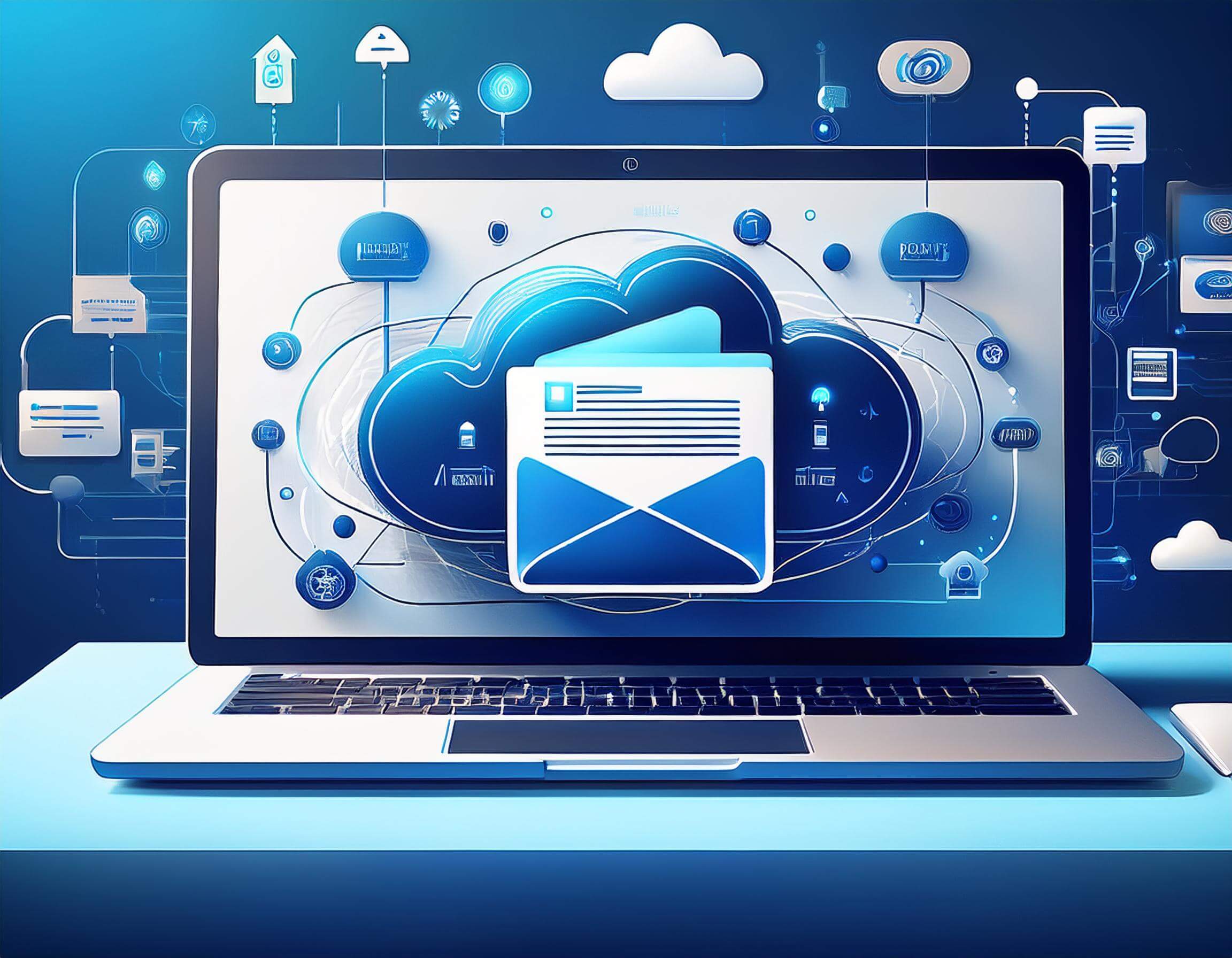 A laptop displaying cloud computing and email icons, surrounded by network symbols, representing digital communication and data exchange.